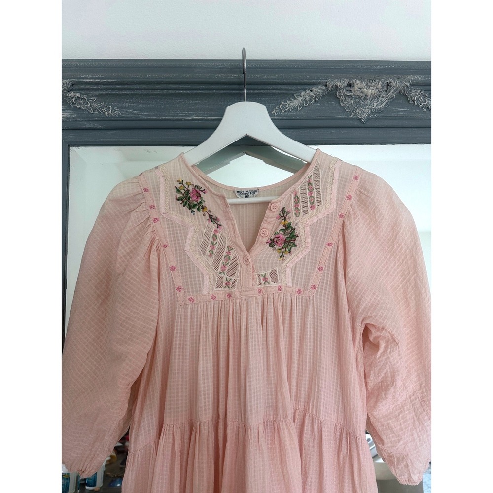 Vintage Cotton Gauze Milkmaid Tiered Midi Dress Floral Embroidery Puff Sleeve S - Picture 2 of 7